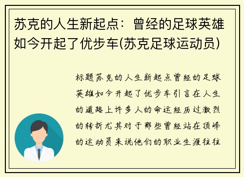 苏克的人生新起点：曾经的足球英雄如今开起了优步车(苏克足球运动员)